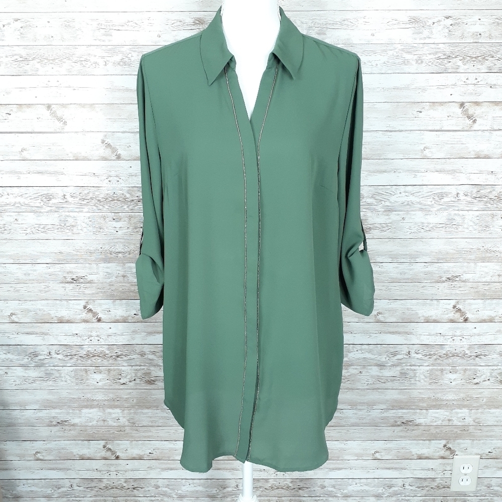 Jm Collection Blouse Green Gold Trim Button Up 577